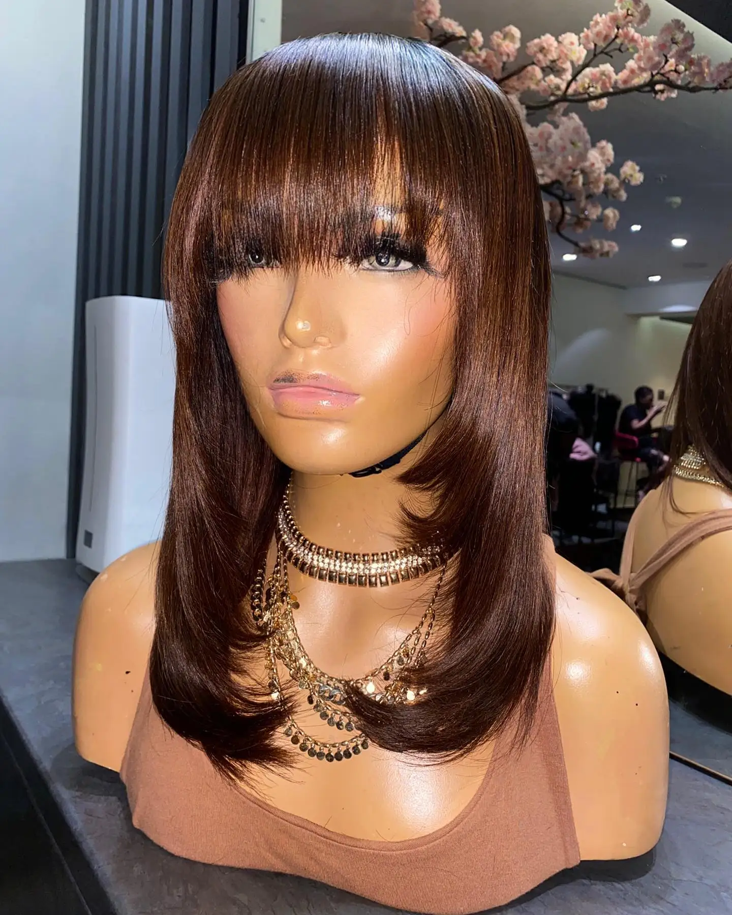 Short Human Hair Wig with Fringe for Women Straight Remy Bob Wigs With Bangs Brown Balayage Color |