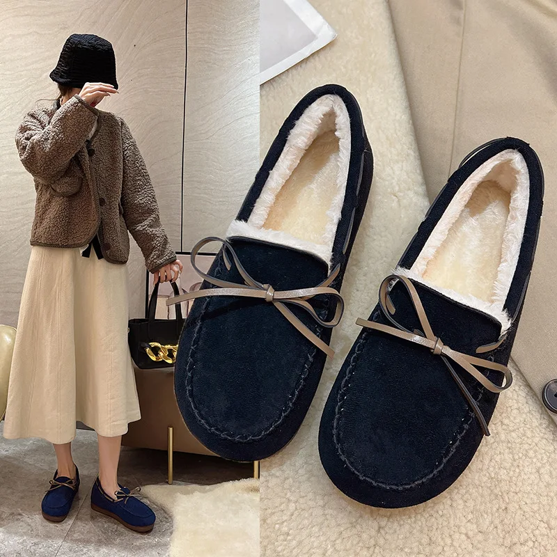 

2023 Winter Women Shoes Comfortable Flats Loafers Short Flock Sewing Casual Ladies Non-Slip Bottom Warm Women Oxford Loafers