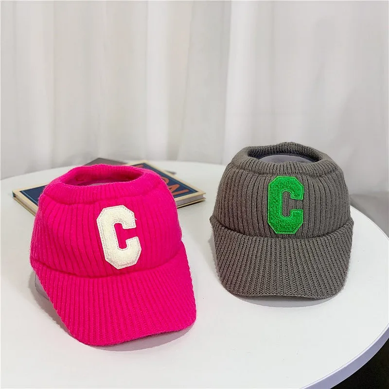Winter crochet knitted hat Unisex men solid c letter sports hat Women casual thick warm Visor cap Topless hats gorros 6