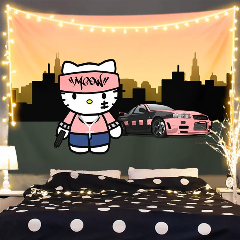 Sanrio 헬로 키티 태피스트리 귀여운 배경 Kawaii 애니메이션 태피스트리 벽 장식 방 장식 소녀 기숙사 벽 마운트 태피스트리