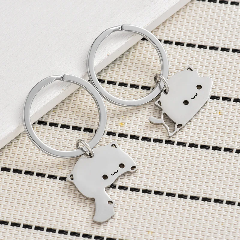 Keychain 1 Pair Creativity Cute Stainless Steel Cartoon Cat Couple Animal Matching Key Ring Pendants Valentine Friendship Gift