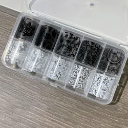 Elegant Lace Flower Nail Transfer Stickers - Black & White Full Wraps Set (10 Rolls) for DIY French Manicure Decorations (2)