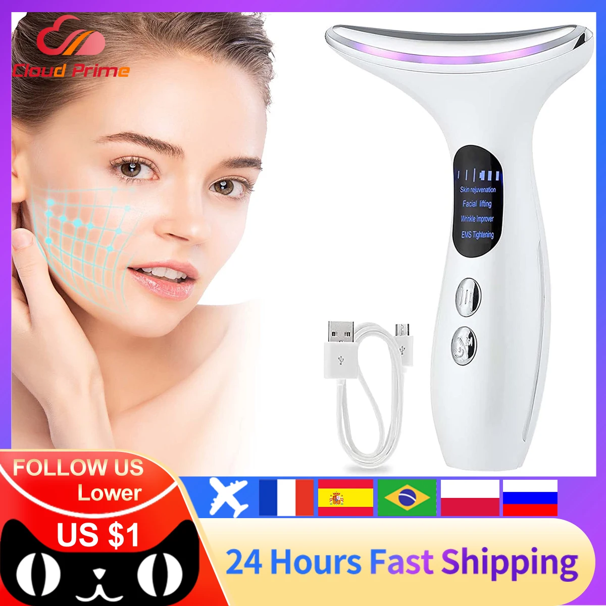 EMS Microcurrent Face Neck Beauty Device LED Photon Firming