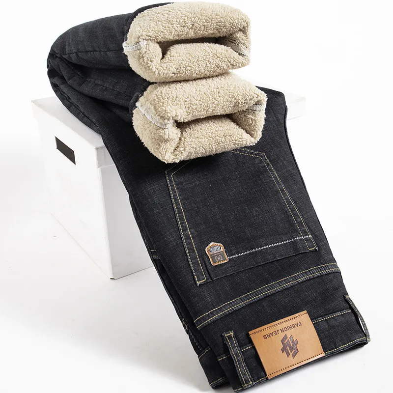 Classic Men's Business Casual Velvet Jeans 2024 New Winter Chinese Embroidery Straight Loose Warm and Comfortable Thick Pants 3