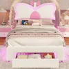 Double Bed Rack with LED Lights and Storage Drawers, Height Adjustable Butterfly Headboard, C-shaped and USB Charging Ports 1