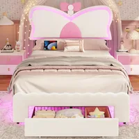 Double Bed Rack with LED Lights and Storage Drawers, Height Adjustable Butterfly Headboard, C-shaped and USB Charging Ports 1