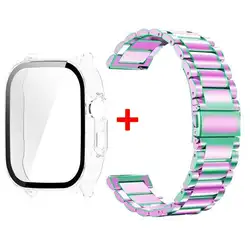 Tempered Glass Protective Shell with Stainless Steel Metal Band Bracelet for Realme Watch 5 (Clean - Colorful)