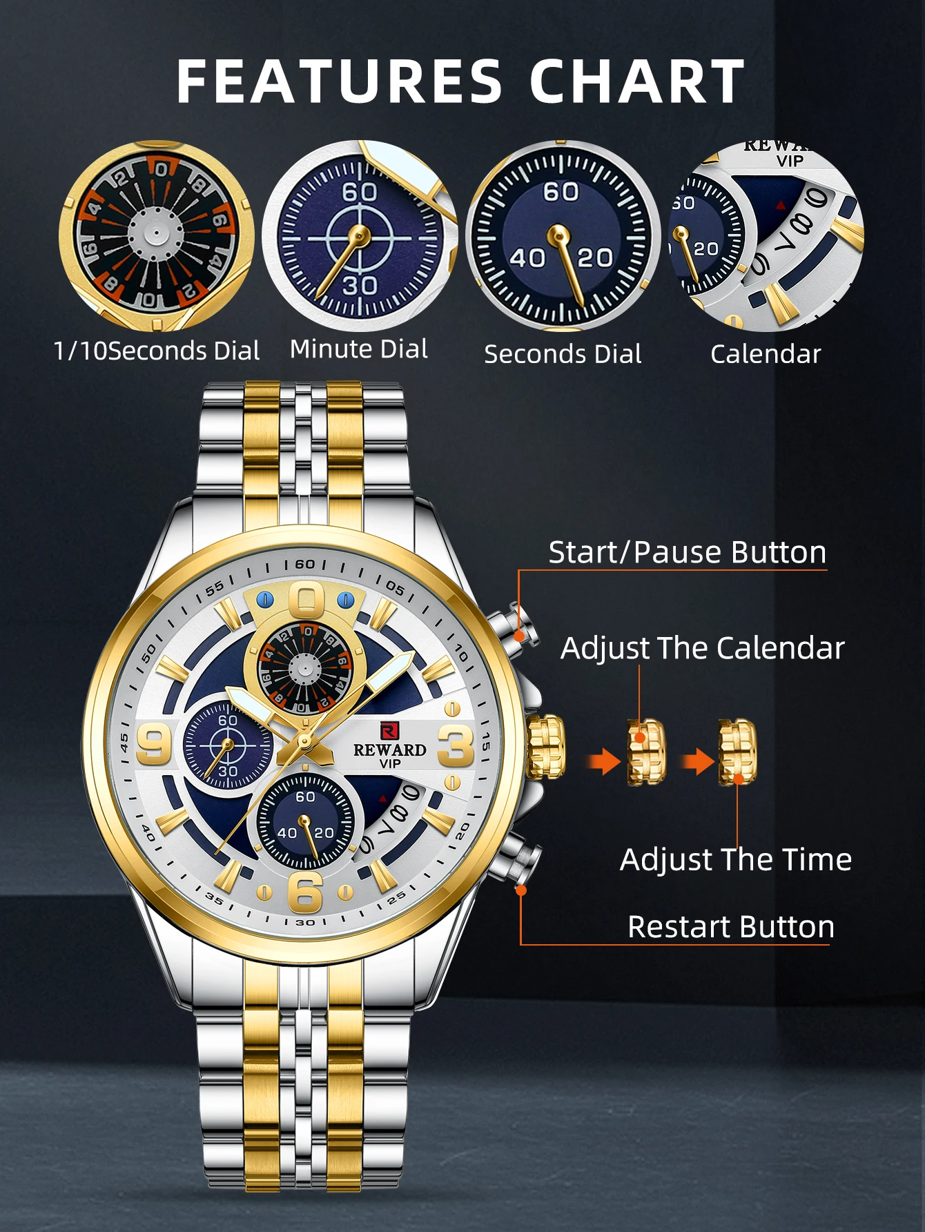 Quartz Wristwatch for Men Sport Waterproof Watches Stainless Steel Chronograph Luminous Wrist Watch_voghion.com
