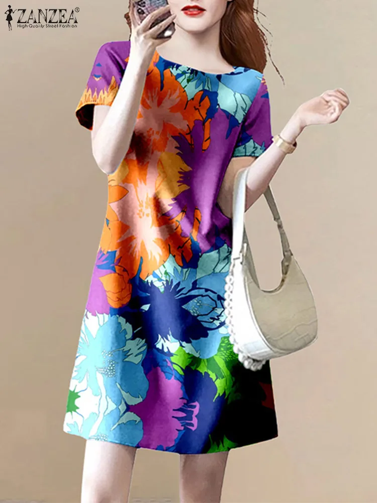 

ZANZEA Fashion Floral Print Knee-length Dress Women 2024 Summer Casual Short Sleeve O Neck Short Robes Holiday Beach Sundress