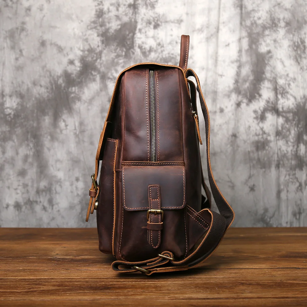 NZPJ Vintage Genuine Leather Men Backpack Large Capacity Top-Grain Cowhide Backpack Casual Trendy Crazy Horse Leather Laptop Bag