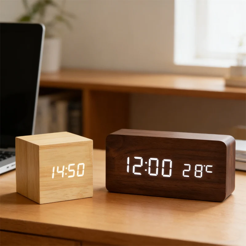 LED Wooden Digital Alarm Clock with Voice Control and USB/AAA Power Options