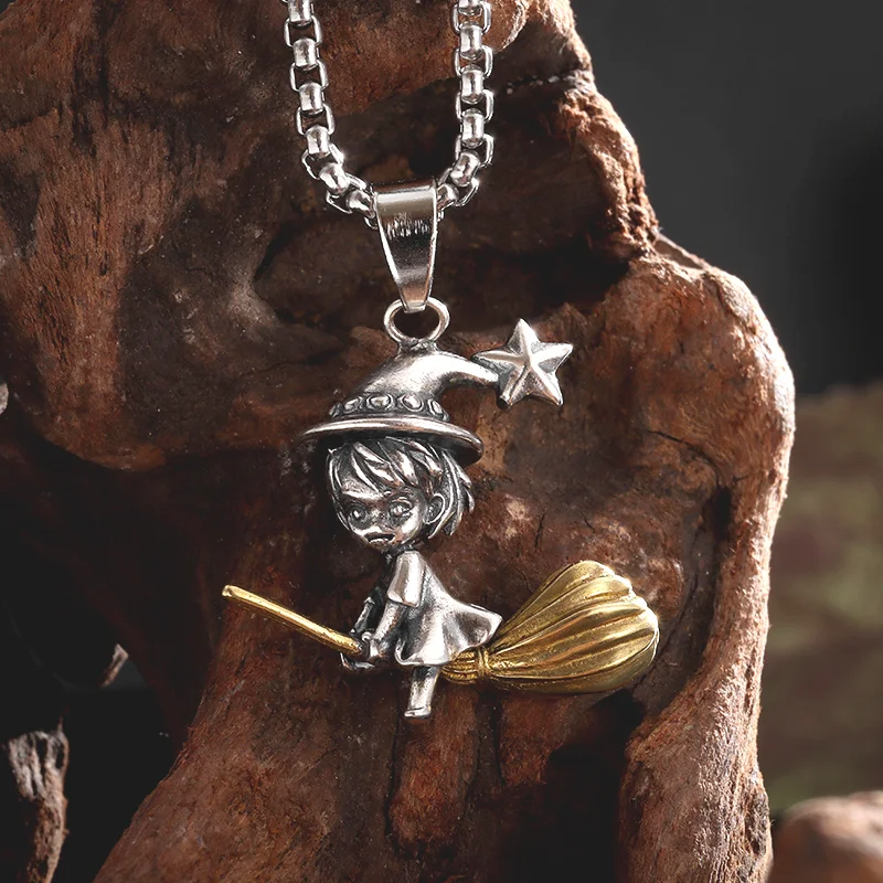 

Fashion Cartoon Anime Witch Broom Cute Magic Girl Pendant Necklace Men Women Hip Hop Rock Halloween Party Jewelry