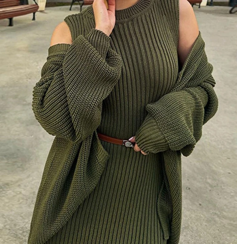 Women's Tops Set Autumn Winter Lazy Style Fashion Knitted Sweater Tank Maxi Dress Casual Loose Cardigan Long Sleeved Top Suit