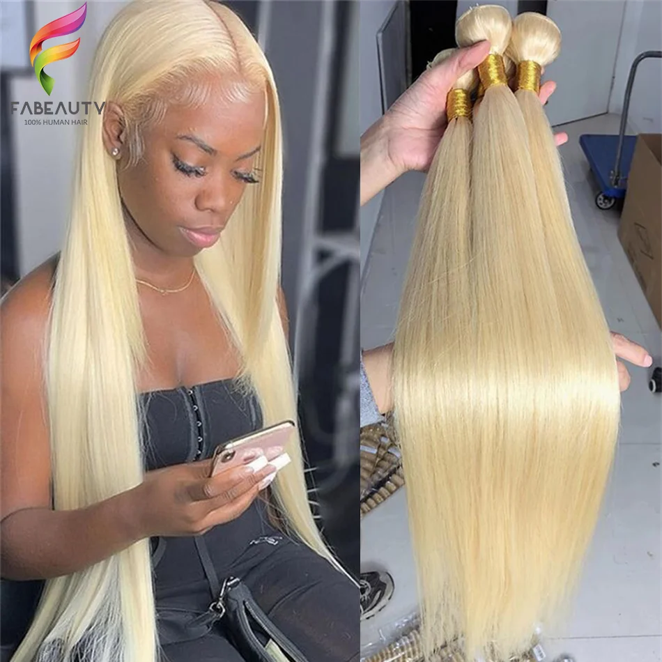 

Fabeauty 1/3/4 613 Blonde Straight Hair Bundles Brazilian Remy Weave Weft Human Hair Extensions Honey Blonde Bundles 8 - 40 Inch