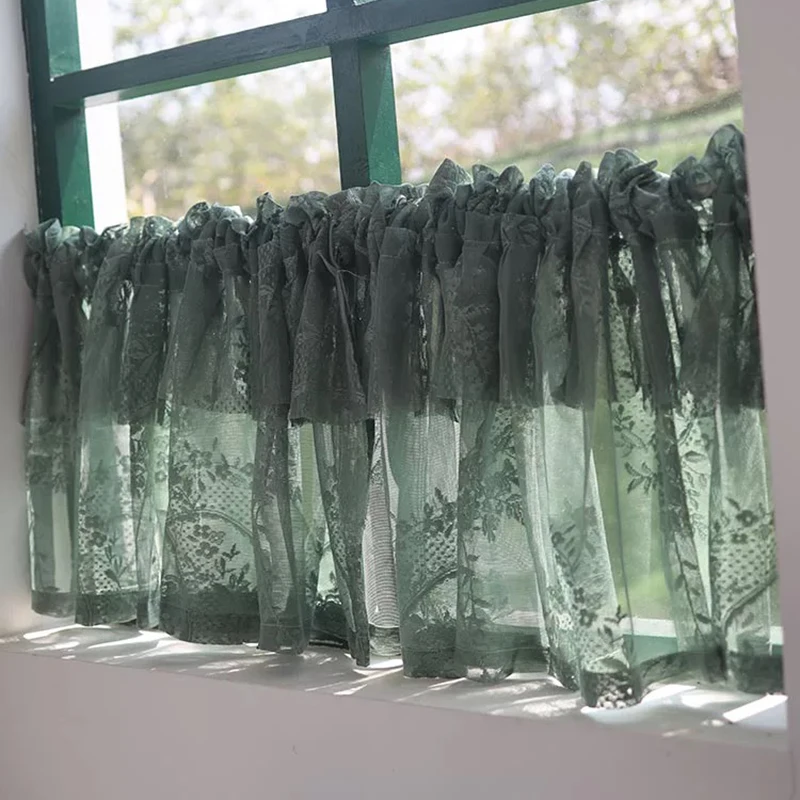 Korean/Japanese Double Pleated Dark Green Lace Short Curtains Korea Pastoral Geometric Half Curtains for Kitchen Valance #A585 6