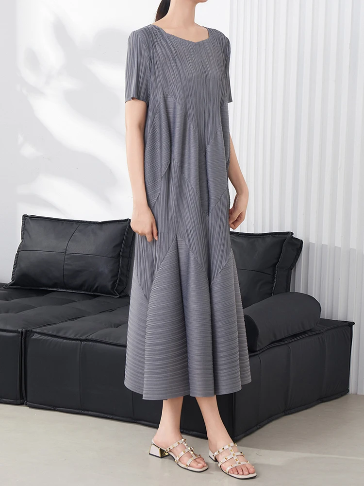 LANMREM Flower Bud Pleated Short Sleeved Dress For Women Summer Cloth 2025 New Loose Fit Round Collar Blue Dresses Chic 2DB3102 - Image 4