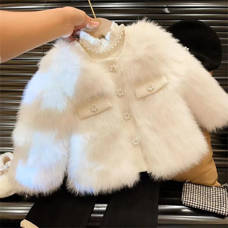 

Girls Coat Jacket Winter Cotton Windbreak 2023 Pearl Warm Plus Thicken Velvet Furs School Outwear Children's Clothing