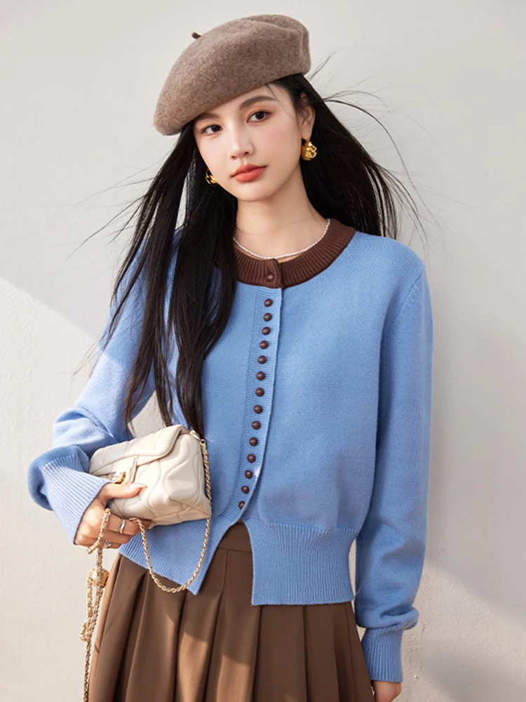 Crewneck Cardigan  Fall Autumn Winter French look cardigans Women’s preppy lazy style ribbed her single-breasted button-up knitted tops for woman Female round O-Neck long sleeves with rib cuffs and hem cardigans Women’s crew neck knitwear outwear in light sky blue with chocolate coffee brown highlights  accents