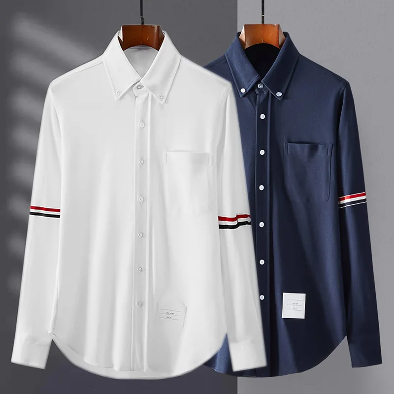 

2024 New High Quality TB Shirt Fashion Korean Summer Long sleeved Polo Collar Shirt Unisex College Preppy Casual Striped Shirt