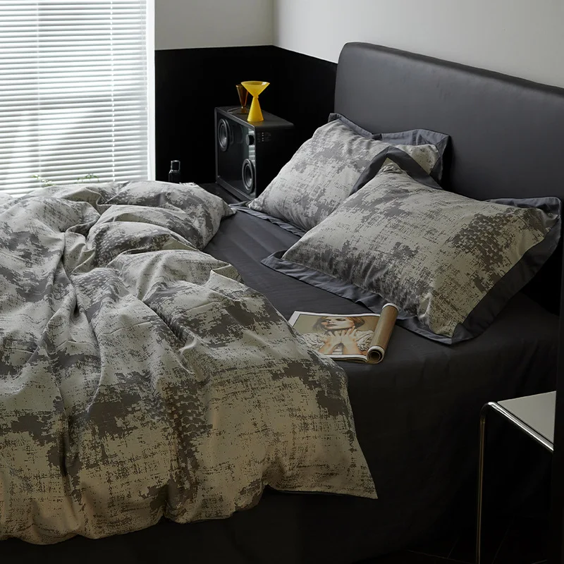 

Light Luxury Black Grey Four Piece Set of Pure Cotton Bed Sheets and Quilt Covers Simple Bedding Products Spring