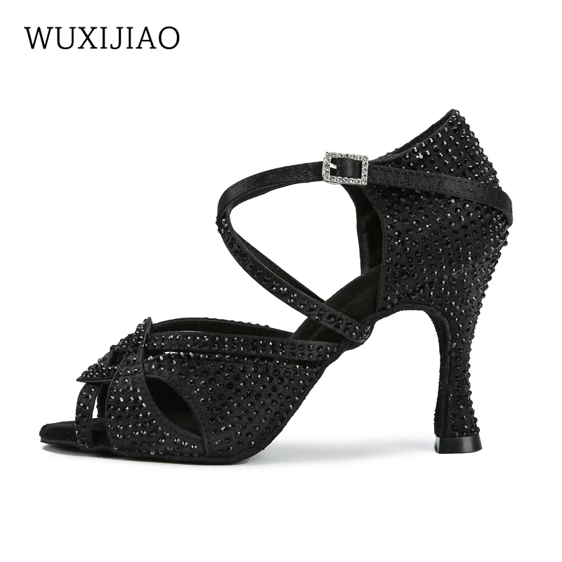 Latin Dance Shoes Women's New Fuchsia Satin Shiny Rhinestone Cuban High Heels 9cm Salsa Dance Shoes