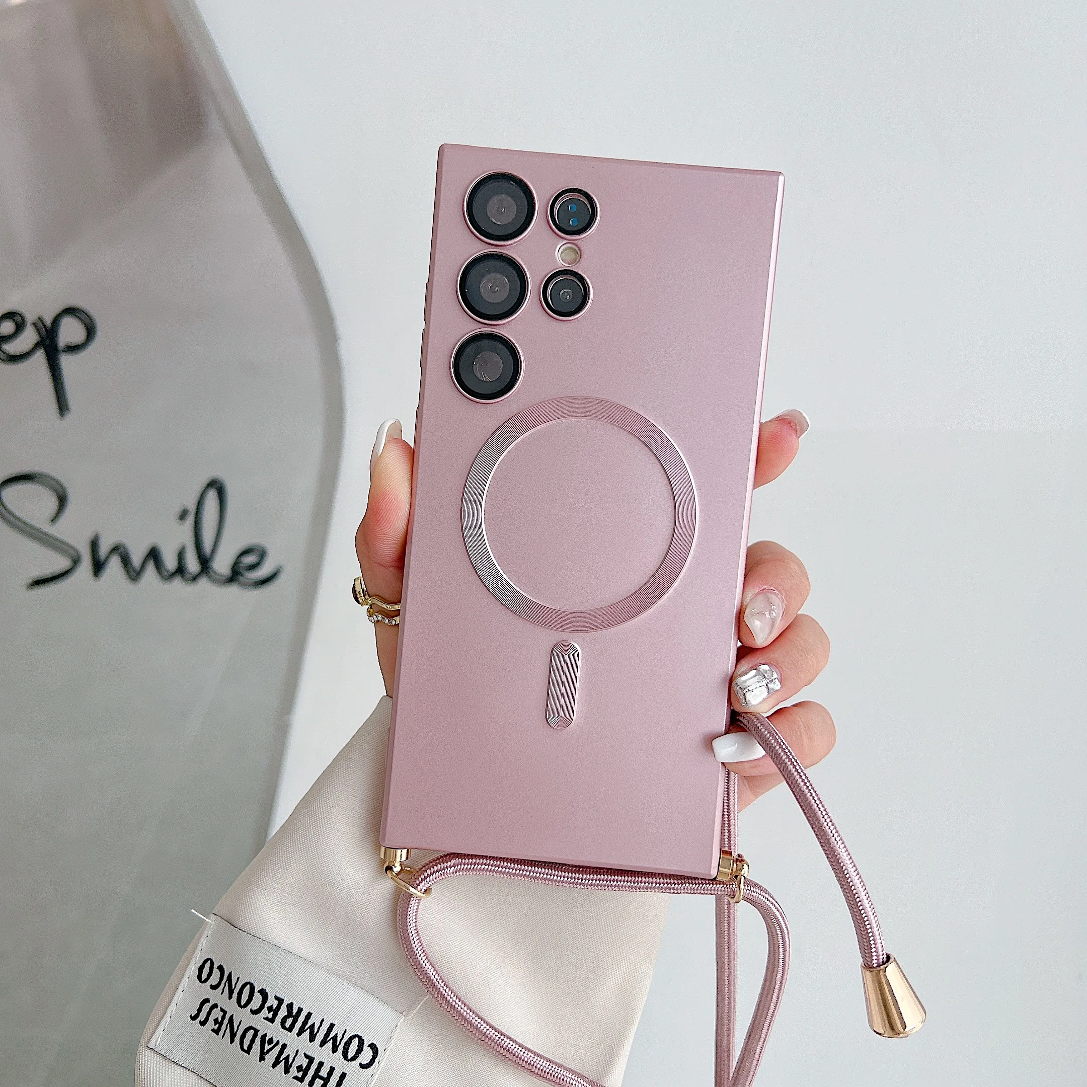thumbnail image 1 of Crossbody Necklace Lanyard Cord Rope For Magsafe Matte Plating Case For Samsung S24 S23 Ultra S22 Plus S20 Shockproof Soft Cover, 1 of 5