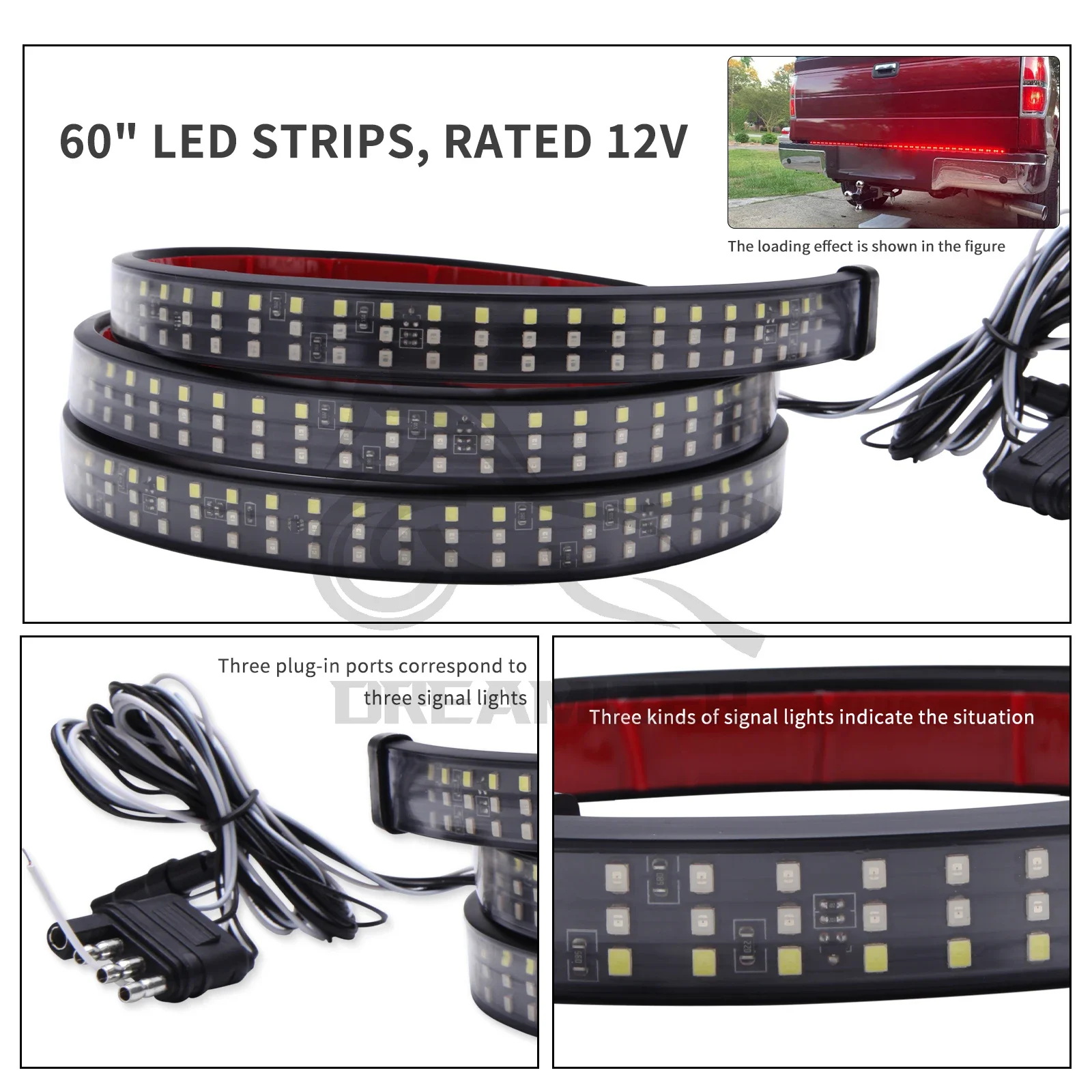 60" Tailgate LED Strip Bar Brake Turn Signal Tail Light LED Tailgate Light Bar Brake Backup Running Strip Led Lights