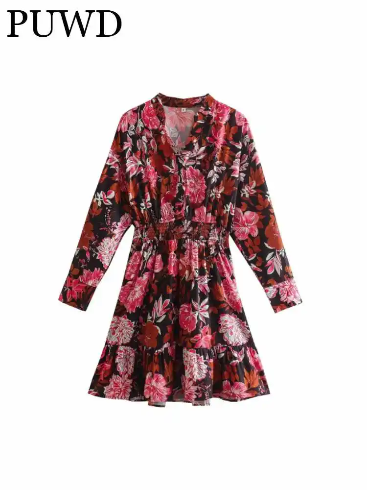 

PUWD Women Fashion V-neck Red Printed Mini Dress 2023 Summer Vintage Lace-up Elastic Waist Long Sleeves Female Bottoms Mujer