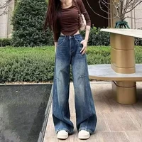Retro Washed High Waist Straight Leg Jeans Women's Spring New Loose Long Trousers Trendy Knife Edge Casual Pants