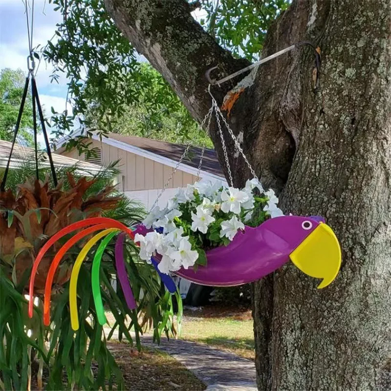 Colorful Bird Hanging Planter Exquisite Flying Bird Shape Rust-Proof Colorful Parrot Flamingo Flower Pot Hanging Planter