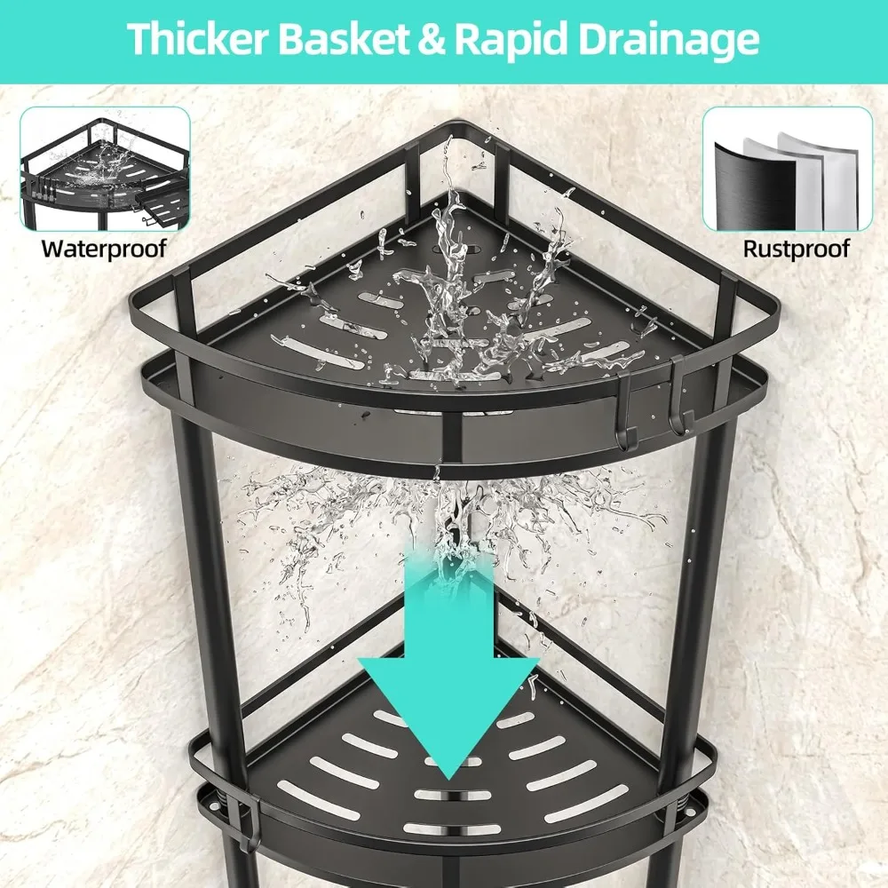 Standing Shower Caddy-4 Tier Stand with Soap Dish, 4 Hooks, Adjustable Feet for Corner-Black 2