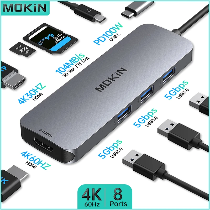 

Док-станция MOKiN 8 в 1 — USB3.0, HDMI 4K60 Гц, PD 100 Вт для MacBook Air/Pro, iPad, ноутбука Thunderbolt со слотами SD, TF
