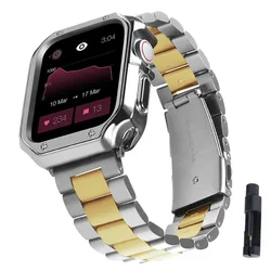 Sleek Stainless Steel Apple Watch Band with TPU Protective Case - 41mm (Silver Gold)