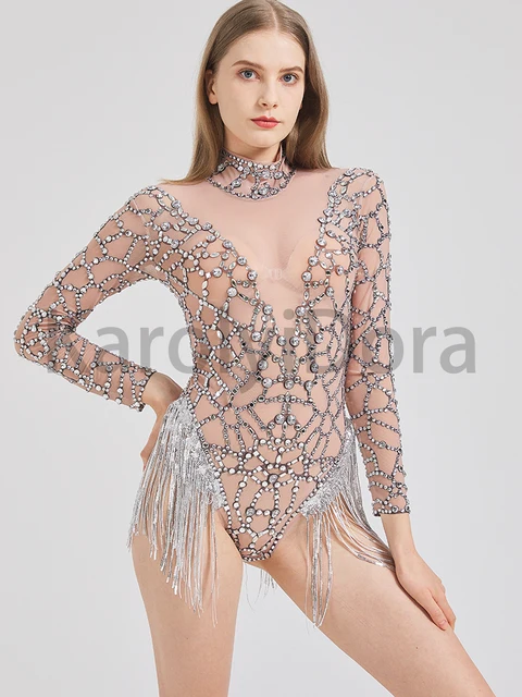 Tuta con nappe diamantate Nightclub Stage maglia stretta a maniche