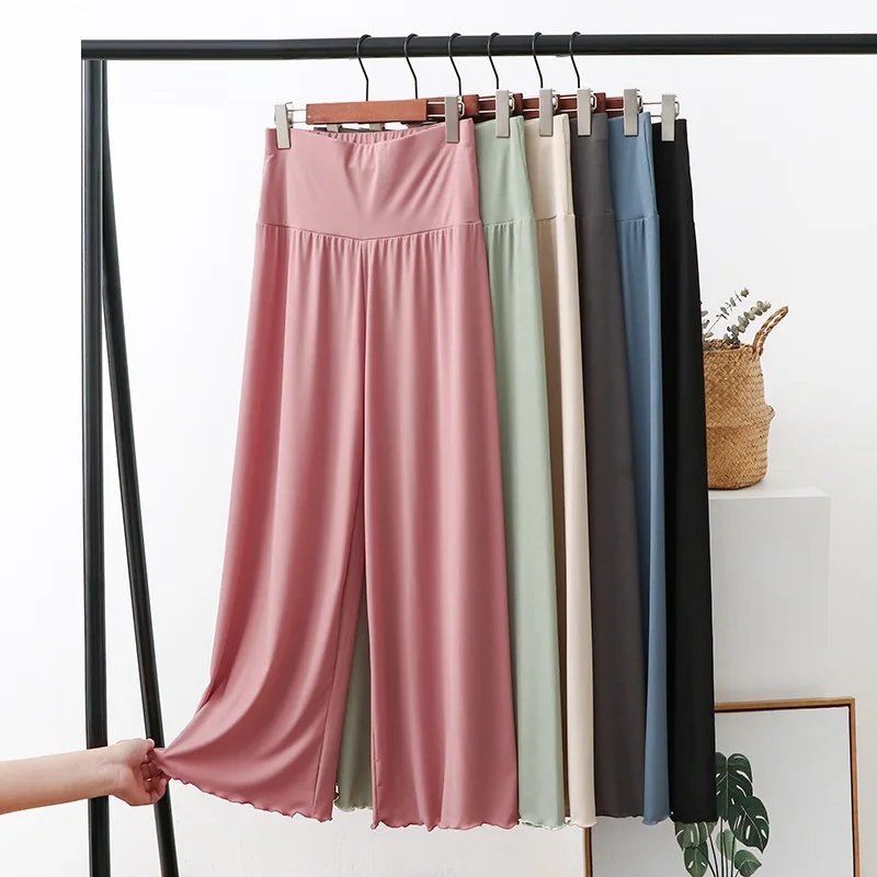 Women Loose Stretch Pants 2021 Summer Soft Ice Silk Ankle-Length Wide Leg Pants Casual Homewear High Waist Sports Yoga Trousers slim hem high waist maternity ice silk trousers with pocket solid color pregnant woman ankle length sports trousers casual pants