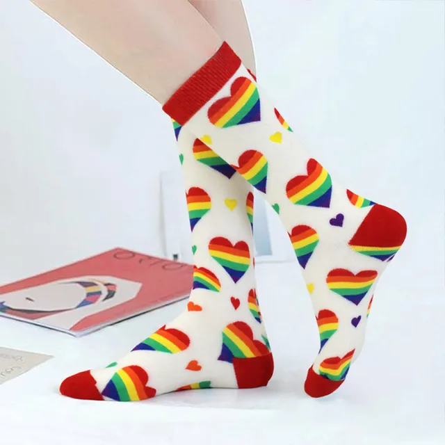 new women socks 1 pair cotton Love rainbow color striped printed novelty fashion lady spring Medium tube socks 2