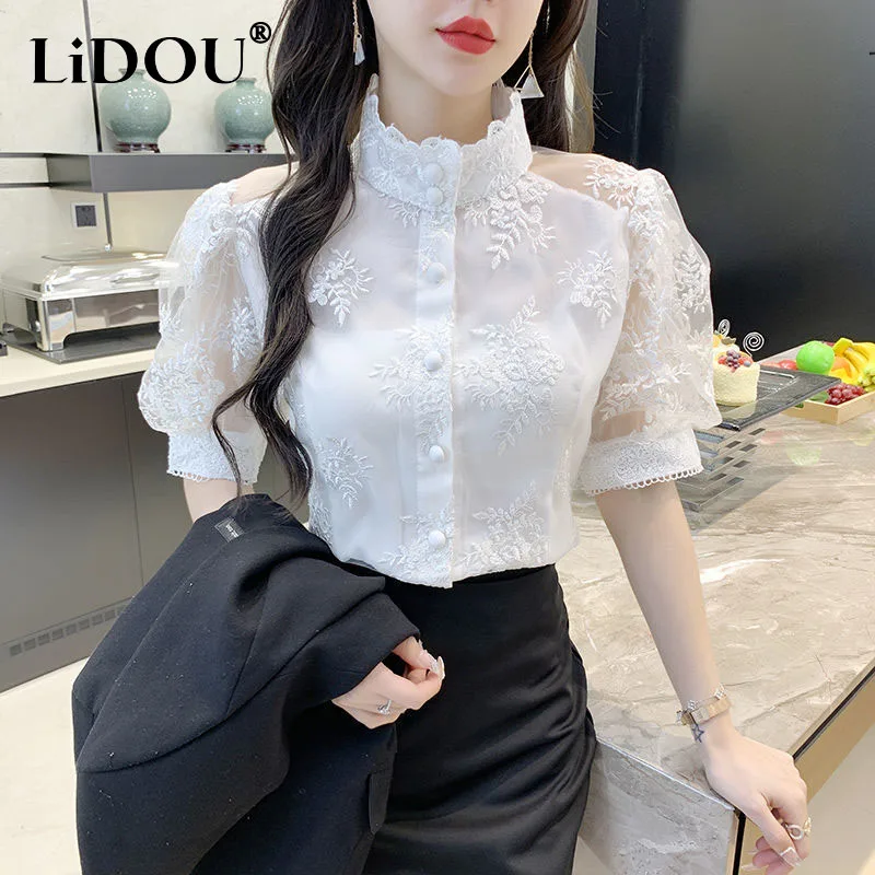 

Summer Korean Fashion Button Solid Color Shirt Women Short Sleeve Turtleneck Cardigan Hollow Out Lady Blouse Elegant Lady Tops