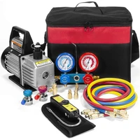 Premium 4CFM Air Vacuum Pump HVAC A/C Refrigeration Kit AC Manifold Gauge Case Set R134a Tap w/Leak Detector and C 1