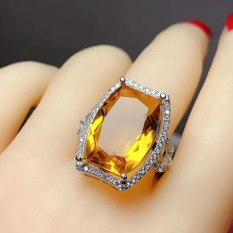 

925 Silver Citrine Ring Daily Wear 13mm*18mm Natural VVS Grade Citrine Ring Fashion Yellow Crystal Silver Ring