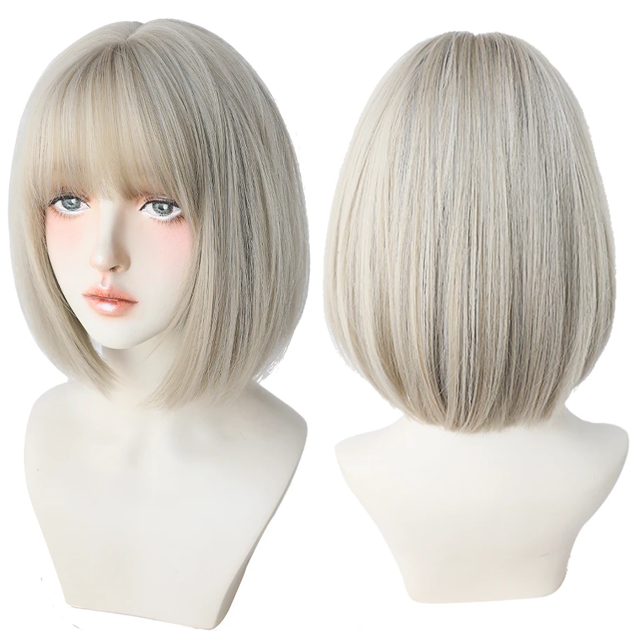 Short Straight Synthetic Wigs for Women White Grey Hair Bob Wigs with Bangs Daily Cosplay For Party Heat Resistant Lolita Hair