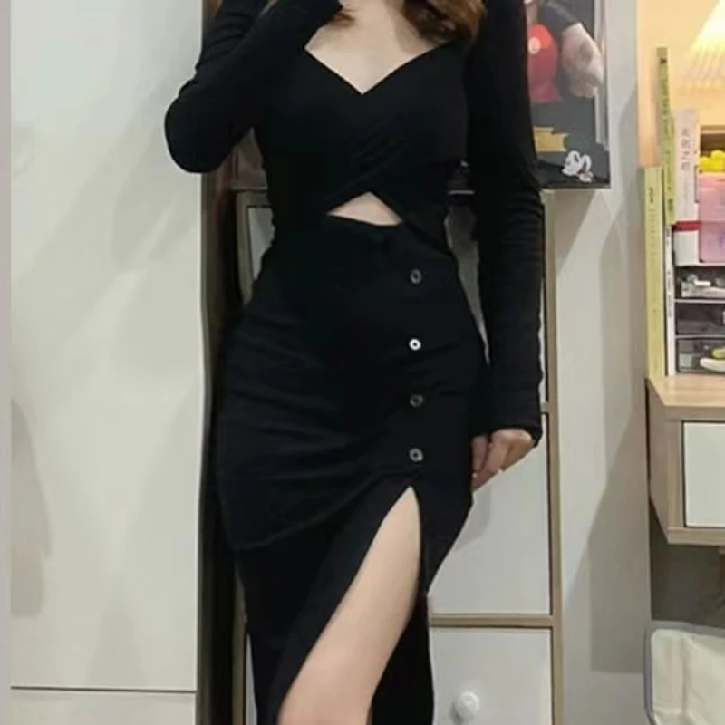 

Black Simple Neat Sexy Slim Mature Hot Tight Stretch Women's Knit Supple Long Sleeve Peach Heart Neck Split Dress