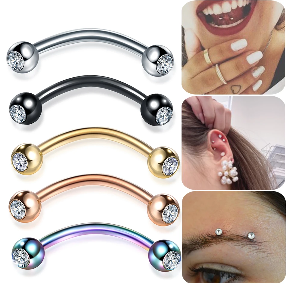 

1PC Gem Curved Barbell Eyebrow Rings Piercing 16G Surgical Steel Daith Rook Earring Belly Button Ring New Lip Piercing Jewelry