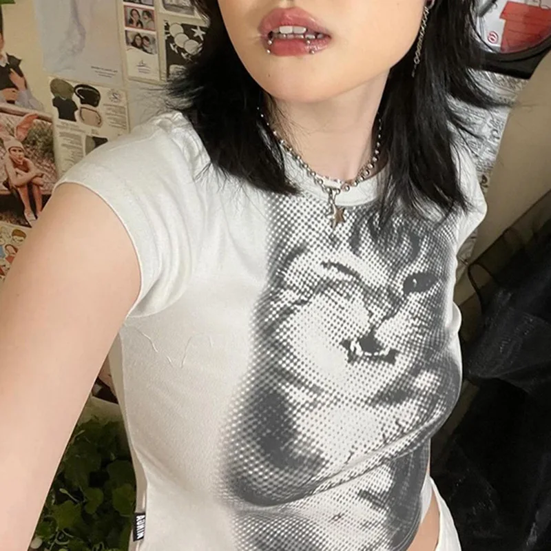 Harajuku Animal Print Crop Top Basic White Short Sleeve Crewneck T-shirt Women Casual Slim-fitting Tees Lady y2k Vintage 3