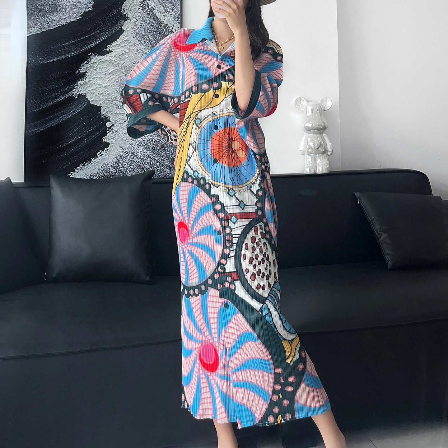 

ALSEY Miyake Pleated Bat Sleeve Women's Dresses Japan Korea Fashion Commuter Loose Plus Size Medium Long Dress 2024 Summer New