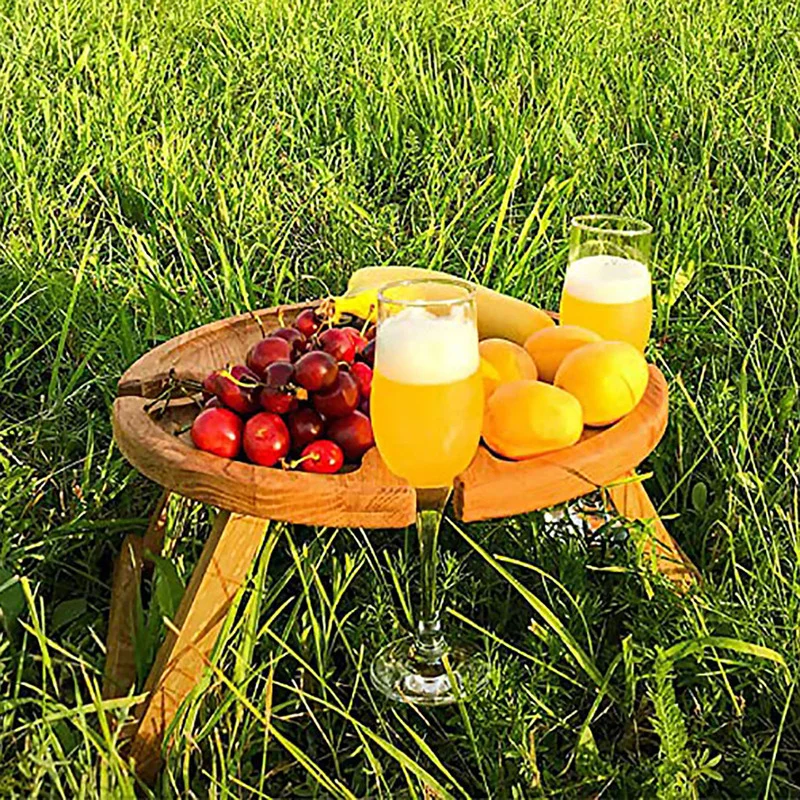 Wooden Outdoor Portable Folding Wine Picnic Table Camping Cheese Board Tray Foldable Snack Table Wine Rack Tourist Fruit Table images - 6