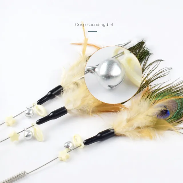 Cat Toys Feather Cats Sticks Springs Steel Wire Handle Peacock Feather Interactive Cat Toy Bite Resistant Toys for Cats Teasing 2