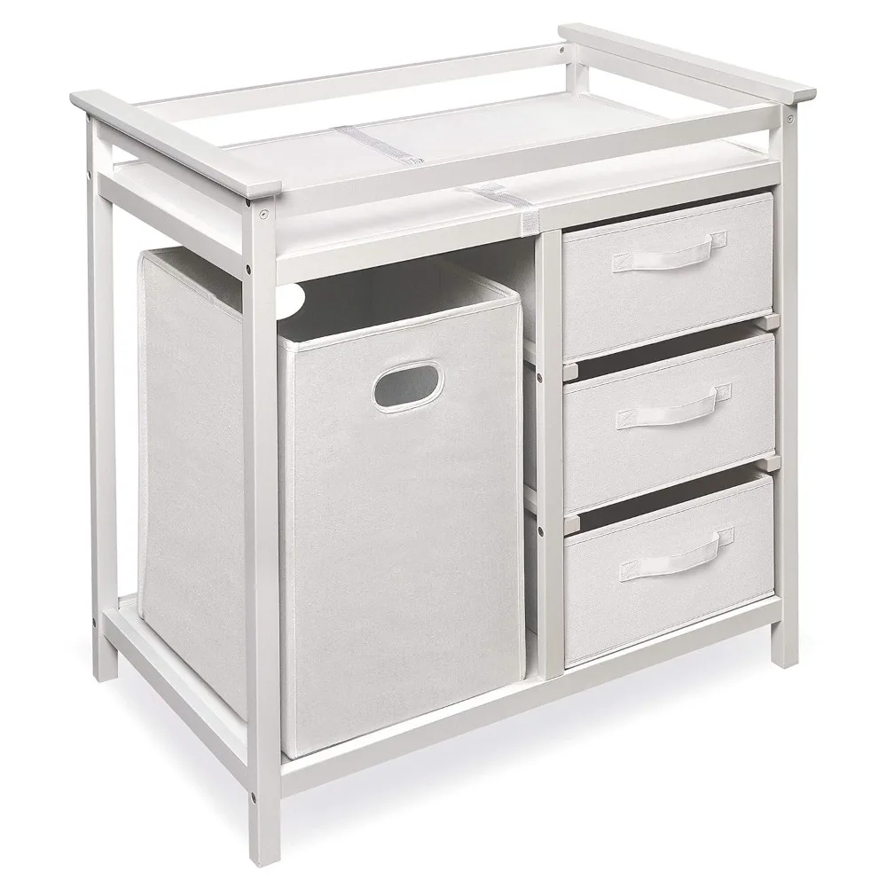 

Modern Baby Changing Table with Laundry Hamper, 3 Storage Drawers, and Pad - White