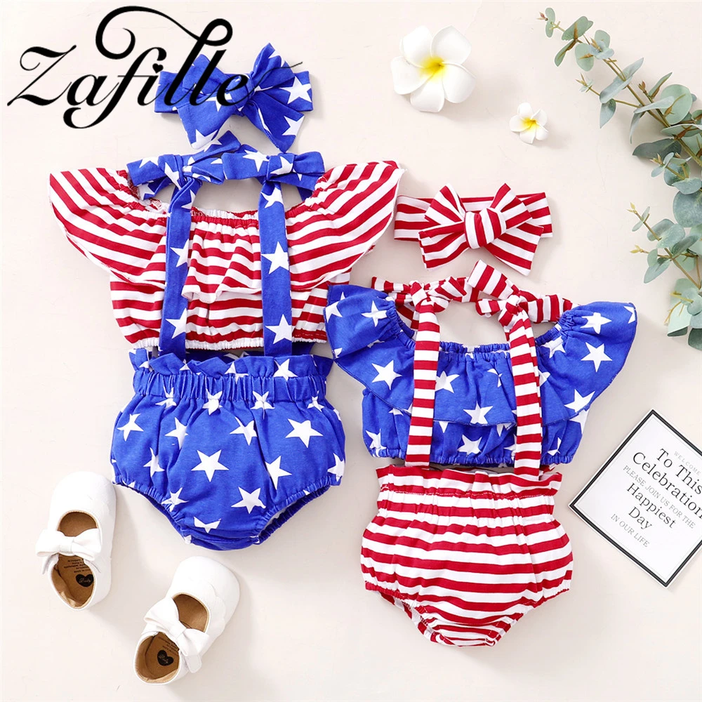 ZAFILLE 3Pcs 4th Of July Baby Outfits Stars Striped Printed Kids Toddler Costume Girls Outwear Summer Newborn Girls Clothes Set sun baby clothing set