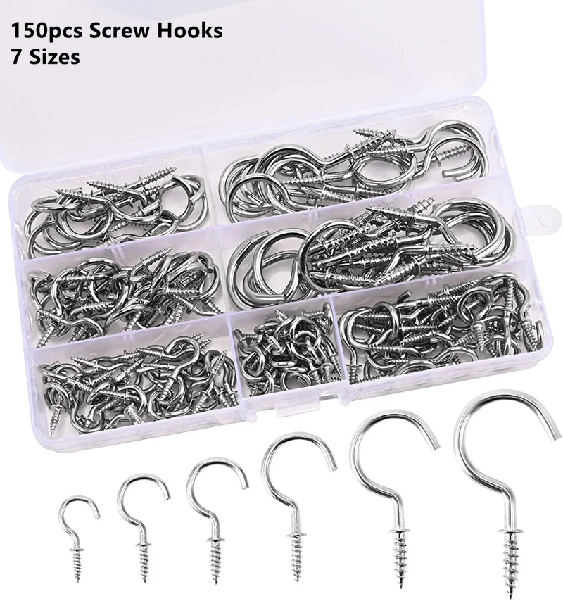 150pcs Screw Hooks Heavy Duty Cup Hooks Shouldered Screw Hanging Hat Coat Peg Hanger Ceiling Hook For Hardware Tools 7 Sizes