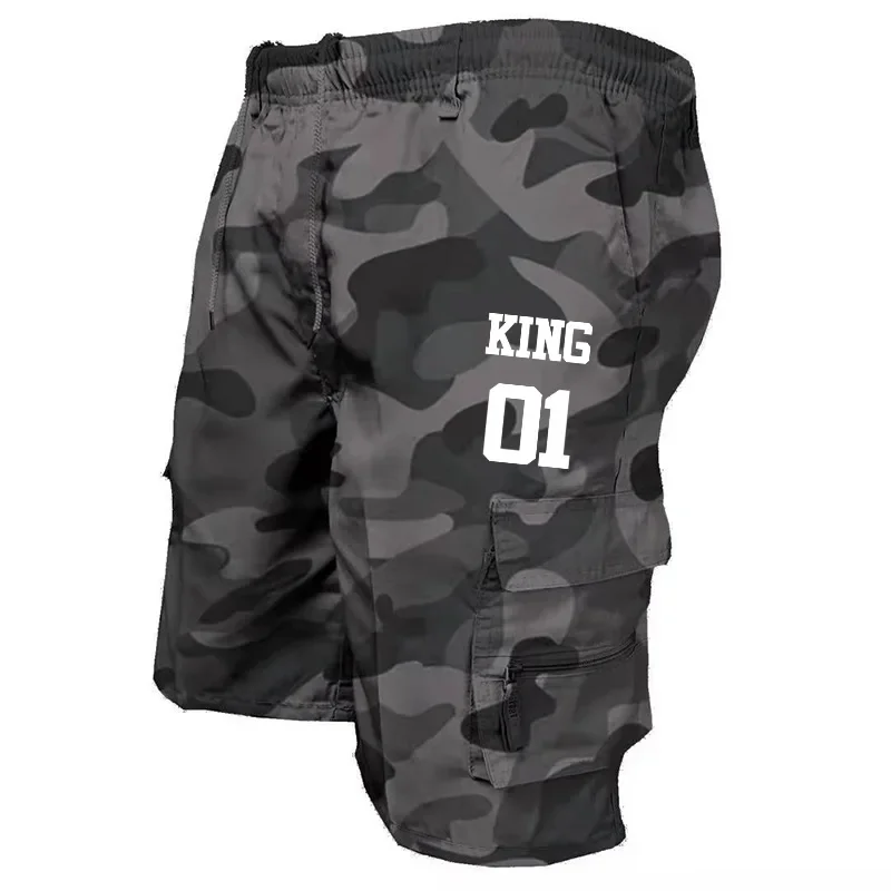 

Men Shorts Overalls King 01 Printed Jogging Short Pants Casual Summer Cargo Shorts Multiple Pockets Loose Knee Length Trousers